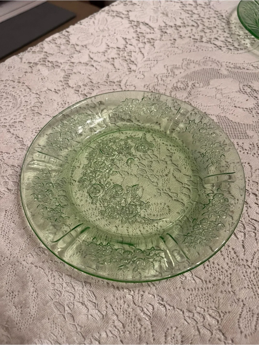 Vintage Tiara Sandwich Glass on Glowing Green DepressionGlass Saucer|UV Reactive